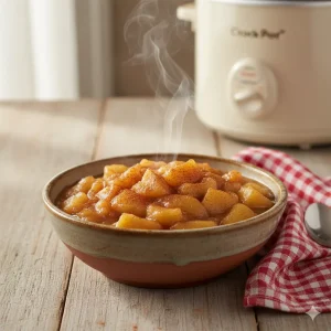 Bol rústico con compota de manzana casera, humeante y decorada con canela, hecha en Crockpot. Postre saludable y fácil de Emma.
