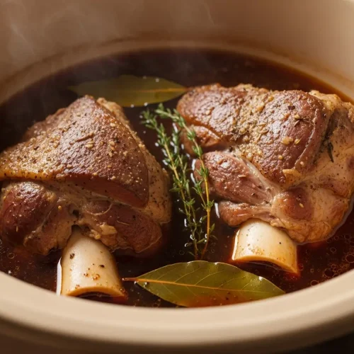 El interior de la olla lenta (Crockpot) con los dos codillos de cerdo y el caldo, con hierbas aromáticas como el laurel.
