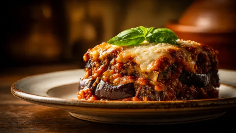 Porción de berenjenas a la parmesana en olla lenta, mostrando las capas de queso y tomate.
