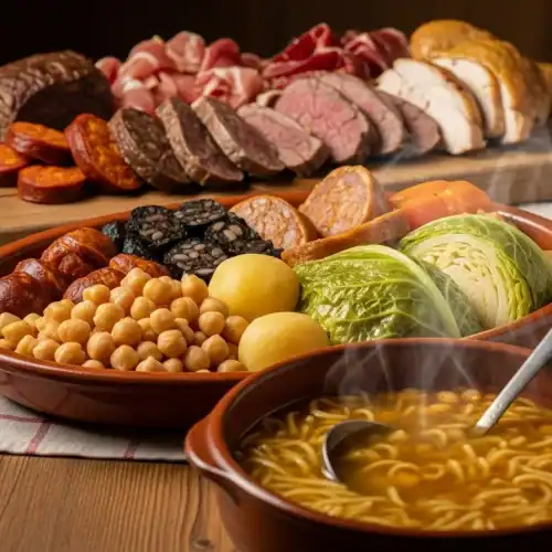 Cocido Madrileño servido en sus tres vuelcos: sopa de fideos, garbanzos con verduras y carnes (Cocido Madrileño Olla Lenta)