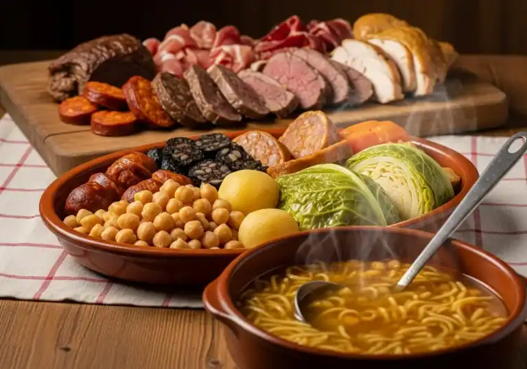 Cocido Madrileño servido en sus tres vuelcos: sopa de fideos, garbanzos con verduras y carnes (Cocido Madrileño Olla Lenta)
