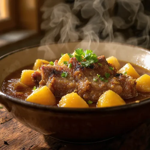 Plato humeante de patatas con costillas de cerdo tiernas, cocinadas en Crockpot. Receta fácil y tradicional de Emma.