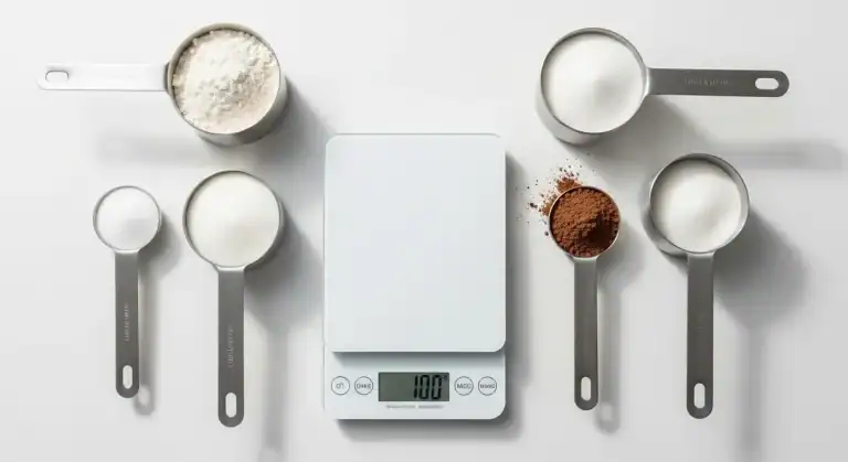 Tabla de equivalencias de tazas a gramos con ingredientes de repostería y una balanza de cocina.