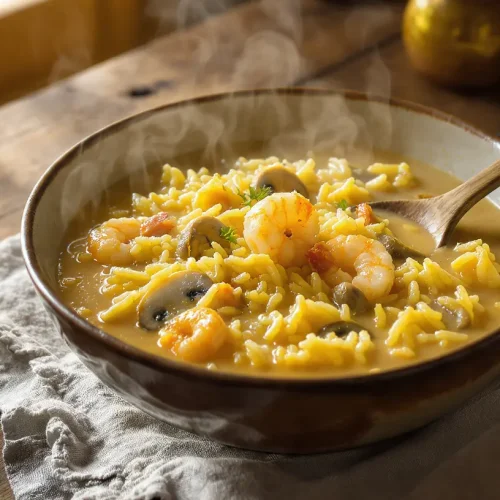 Plato humeante de arroz caldoso con setas y gambas, cocinado en Crockpot. Receta fácil y jugosa de Emma.